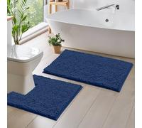 LuxUrux Chenille Bath Mat Set: 2-Piece, Soft Plush Rug + Toilet Mat. 1'' Microfiber Shaggy Carpet for Super Absorbency. Machine Washable (Blue, 50 x 80 cm Ractangluer + 50 x 50 cm Curved Square)
