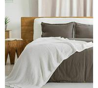 Luxury 100% Cotton Large Bed Throw Waffle Weave Blanket King Size Sofa Bed Cover with Pillow Case (White, Bed Throw Blanket: 240 x 255 cm)