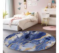 Luxury 120cm Round Non-Slip Area Rug Short Pile Washable Marble Texture Gold Print No Shedding Perfect for Bedroom Dining Room Office Blue & Gold Design.