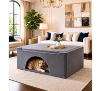 Luxury 2-in-1 Dog Bed Coffee Table Ottoman, Velvet Pet House Furniture for Medium & Large Dogs, Hidden Indoor Dog Crate End Table with Cushion Top, Modern Living Room Pet Den (Grey Plush Velvet)