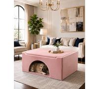 Luxury 2-in-1 Dog Bed Coffee Table Ottoman, Velvet Pet House Furniture for Medium & Large Dogs, Hidden Indoor Dog Crate End Table with Cushion Top, Modern Living Room Pet Den (Pink Plush velvet)