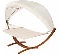 Luxury 2 Person Garden Hammock with Curved Wooden Arc Stand & Sun Canopy, Cotton Fabric Swing Bed, Weather Resistant Russian Larch Frame, Outdoor Patio, Yard & Balcony Relaxing Chair