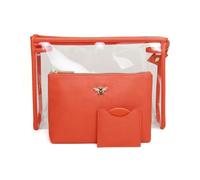 Luxury 3 Piece Beauty Bag Makeup Gift Set Travel Case Case with Round Compact Mirror in a Matching Vegan Leather Pouch. (Orange)