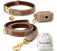 Luxury 3-Piece Brown Dog Collar and Lead Set - 1 Adjustable Large Dog Collar, a 150 cm Leash, a Poo Bag Holder - English Tweed & Soft Velvet - Elegant, Comfortable & Practical - 4 Colors