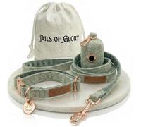Luxury 3-Piece Green Dog Collar and Lead Set Medium Size - Adjustable Green Dog Collar Medium, 150 cm Leash, Poo Bag Holder - English Tweed & Soft Velvet - Elegant, Comfortable & Practical - 3 Colors