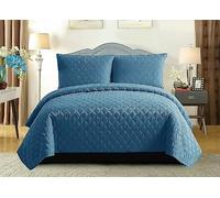 Luxury 3 Piece Quilted Bedspread Heat Pressed Comforter Set Coverlet Quilt Throw Bedding Set with Oxford Pillow Shams (Blue, Double)