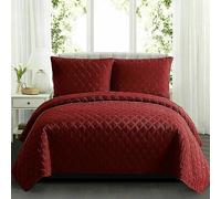 Luxury 3 Piece Quilted Bedspread Heat Pressed Comforter Set Coverlet Quilt Throw Bedding Set with Oxford Pillow Shams (Red, Single)