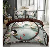 Luxury 3 Piece Reversible Duvet Cover Set Chinese Classical Lake View Bedding Set Soft Microfiber Quilt Covers Set with 2 Pillowcases Machine Wash (Dark Brown Queen)