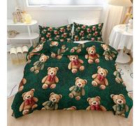 Luxury 3 Piece Reversible Duvet Cover Set Single Size, Cute Christmas Teddy Bear Bedding Set Soft Microfiber Quilt Covers Set with 2 Pillowcases, Machine Wash, Dark Red, Light Brown