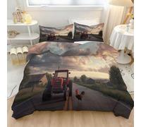Luxury 3 Piece Reversible Duvet Cover Set Single Size, Modern Country Road, Rooster Bedding Set Soft Microfiber Quilt Covers Set with 2 Pillowcases, Machine Wash, Red Tractor