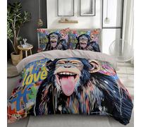 Luxury 3 Piece Reversible Duvet Cover Set Street Art Animal Monkey Bedding Set Soft Microfiber Quilt Covers Set with 2 Pillowcases Machine Wash (Beige Double)