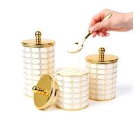 Luxury 3 Piece Set,Round Plastic PET Hot Stamping Storage Jars with Lids, Milky White Snack and Cotton Ball Organizer Boxes, Beautiful Home Decor