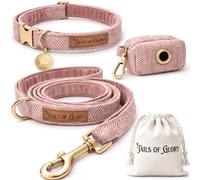 Luxury 3-Piece Small Pink Dog Lead Set - Adjustable Collar, 150 cm Leash, Poo Bag Holder - English Tweed & Soft Velvet - Puppy Collar and Lead Sets Elegant, Comfortable & Practical