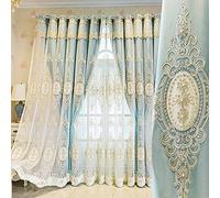 Luxury 3D Flower Embroidered Double Layer Curtains with Valances for Living Room & Bedroom European Style Blue 66 x 90 Inch - Elegant Home Decor Addition