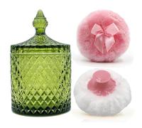 Luxury 4.2 Inch Glass Powder Container with 2 Plush Puffs｜Body Powder Puff with Jar (Pointed Cylinder-Olive Green-Large)