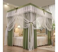 Luxury 4 Corners Post Bed Canopy Curtain Double Layer Princess Mosquito Net with Ruffle Detail Ideal for Girls and Adults Sage Green Queen Size