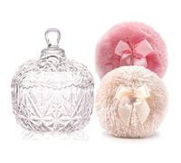 Luxury 4 Inch Glass Loose Powder Container with 2 Soft 3.5" Puffs｜Non-Sealed Refillable Organizer Storage for Body Powder Makeup & Jewelry & Setting Applicator(Crown-Clear)