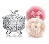 Luxury 4 Inch Glass Loose Powder Container with 2 Soft 3.5" Puffs｜Non-Sealed Refillable Organizer Storage for Body Powder Makeup & Jewelry & Setting Applicator(Butterfly-Clear)