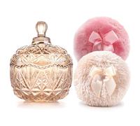 Luxury 4 Inch Glass Loose Powder Container with 2 Soft 3.5" Puffs｜Non-Sealed Refillable Organizer Storage for Body Powder Makeup & Jewelry & Setting Applicator(Crown-Amber)