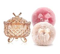 Luxury 4 Inch Glass Powder Container with 2 Soft 3.5" Puffs｜Non-Sealed Refillable Organizer for Body Powder, Makeup & Jewelry｜Setting Powder Applicator w/Loose Powder Storage(Butterfly-Amberl)