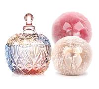 Luxury 4 Inch Glass Powder Container with 2 Soft 3.5" Puffs｜Non-Sealed Refillable Organizer for Body Powder, Makeup & Jewelry｜Setting Powder Applicator w/ Loose Powder Storage(Crown-Colorful)