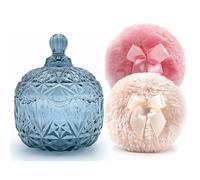Luxury 4 Inch Glass Powder Container with 2 Soft 3.5" Puffs｜Non-Sealed Refillable Organizer for Body Powder, Makeup & Jewelry｜Setting Powder Applicator w/ Loose Powder Storage(Crown-Grey Blue)