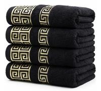 Luxury 4 Piece Bath Towel Set with Greek Key Design - 100% Cotton Soft & Absorbent Bathroom 27x54 in Extra Large Towels - Quick Dry, Plush & Durable - Black Towels Set for Home, Spa & Hotel Use AA1