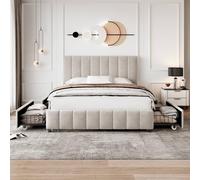 Luxury 4ft6 Double Velvet Upholstered Bed Frame with 4 Storage Drawers Adjustable Channel Tufted Headboard Beige