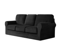 Luxury 7-Piece Stretch Velvet Sofa Cover Set for 3-Seat Couch Includes Separate Seat Cushions & Backrests Fur Protector Easy Fit Stylish Black Split Design