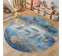 Luxury Abstract Round Rugs 120cm Living Room Non Slip Round Area Rug Short Pile Goldfish Stream Bedroom Circle Carpet Washable Soft Faux Wool Floor Mat Rugs for Kids Room Decor,Gold and blue