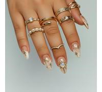 Luxury Almond Press On Nails with Starburst Design - Nude Gold French Tip False Nails, Crystal Gem Accent, Handmade Fake Nails for Party, Daily Wear, 24PCS Reusable Set