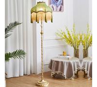 Luxury American Country Floor Lamp - Tall Polished Metal Standing Light with Green Fabric Shade - Eye-Caring Decorative Vertical Lamp for Living Room Bedroom and Home Decor