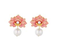 Luxury and romantic pink enamel peach blossom earrings for women in exquisite pearl earings stud Hanfu qipao jewelry