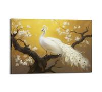 Luxury Animal Wall Art, Modern Elegant Blue White Gold Peacock Feather Bird Design, Hanging Paintings Poster for Living Room Office Bedroom Interior Decoration 20x30inch(50x75cm)