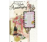 Luxury Anniversary Card with Plastic Keepsake Card - Romantic Champagne & Floral Design - Elegant Anniversary Card for Husband, Wife or Couple