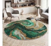 Luxury Art Round Rugs 160cm Living Room Non Slip Round Area Rug Short Pile Golden Marble Bedroom Circle Carpet Washable Soft Faux Wool Floor Mat Rugs for Kids Room Bathroom Dining Decor,Emerald green