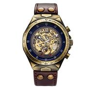 Luxury Automatic Mechanical Men's Leather Belt Fashion Steampunk Bronze Steel Waterproof Skeleton Watch (Brown)