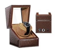 Luxury Automatic Single Watch Winder Box with Quiet Motor - Premium Solid Wood Piano Exterior and PU Leather Watch Pillows Battery Powered Or AC Adapter (E)