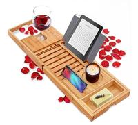 Luxury Bamboo Bathtub Caddy Tray - Adjustable Natural Wood Bath Tub Organizer with Wine Holder, Cup Placement, Soap Dish, Book Space & Phone Slot for Spa, Bathroom & Shower