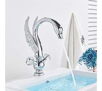 Luxury Basin Faucet Gold Swan Shape Bathroom Faucet Soild Brass Deck Mount Hot and Cold Water Dual Handle Mixer Tap,Gold(Chrome) LWX