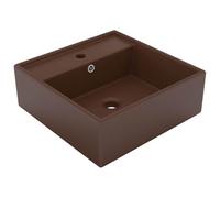 Luxury Basin Overflow Square Matt Dark Brown 41x41 cm Ceramic, Modern Bathroom Vessel Sink, Above Counter Washroom Vanity Bowl, Easy Install