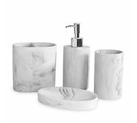 Luxury Bathroom Accessories Set - 4-Piece White Marble Look | Resin Soap Dispenser, Toothbrush Holder, Tumbler, Soap Dish | Modern Bathroom Decor Organiser | M&W