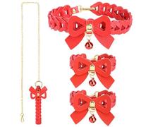 Luxury BDSM Set 4PC Stylish Red Body Restraint Choker Collar with Bow Bells Handcuffs Adjustable Stainless Steel Gold Plated Chain Leash Adult Toys PU leather Fetish for Women Couples Adult BDSM Fun