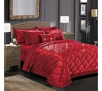 Luxury Bedspread Quilted Bed Throw Super King Size Bedding Set for Bedroom Décor - Soft Warm Crushed Velvet Comforter Set, Red