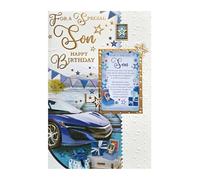 Luxury Birthday Card for Son with Keepsake Gift Card - Special Son Birthday Card with Attached Plastic Keepsake, Blue Sports Car Design, Premium Quality