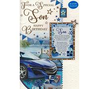 Luxury Birthday Card for Son with Keepsake Gift Card - Special Son Birthday Card with Attached Plastic Keepsake, Blue Sports Car Design, Premium Quality