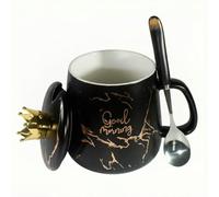 Luxury Black Gold Marble Ceramic Mug with Lid and Spoon, 450ml Large Coffee Mug, XL Tea Mug with Crown Lid Handle, Modern Cup for Latte Cocoa Cappuccino Mocha Hot Chocolate, Office Desk Home Kitchen
