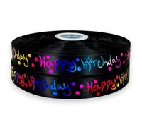 Luxury Black Multi Colour Happy Birthday Ribbon White & Multi Colour Satin 2m x 25mm for Cakes, Cakes Gift Wrap Wrapping Ribbon Cards Decorations Craft