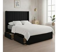 Luxury Black Plush Milan Double Bed Frame With Mattress 54 Inches Wingback Headboard 2 Storage Drawers