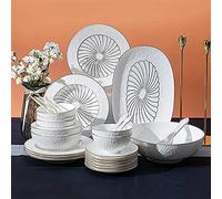 Luxury Bone China Dinnerware Set, Fine China Plate and Bowl Sets, Penh Embossed+ Floral Print Porcelain, High-End Gift Box, Service for 8,Blue